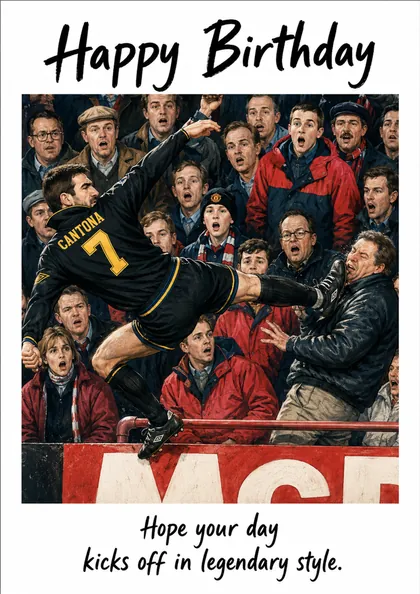 Funny football birthday card showing an iconic flying kick crowd scene with the message Happy Birthday and Hope your day kicks off in legendary style