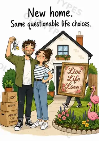Funny new home card showing proud new owners with questionable decor choices outside their house