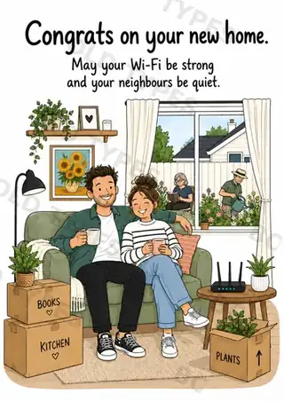 Funny new home card showing a couple in their new living room with strong Wi-Fi and quiet neighbours