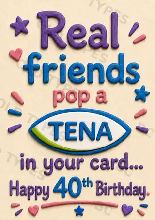 Funny 40th birthday card with colourful clay-style lettering and a Tena-inspired gag