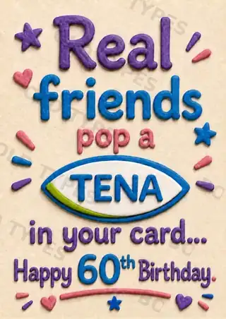 Funny 60th birthday card with colourful clay-style lettering and a Tena-inspired gag