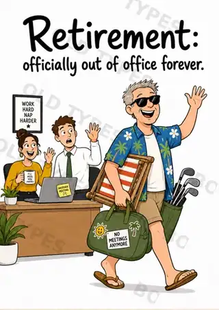 Funny retirement card showing a colleague leaving the office for good with holiday gear