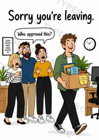 Funny leaving card with colleagues shocked that someone is leaving and asking who approved it