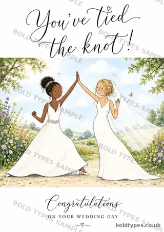 Bride and bride high five wedding card sample